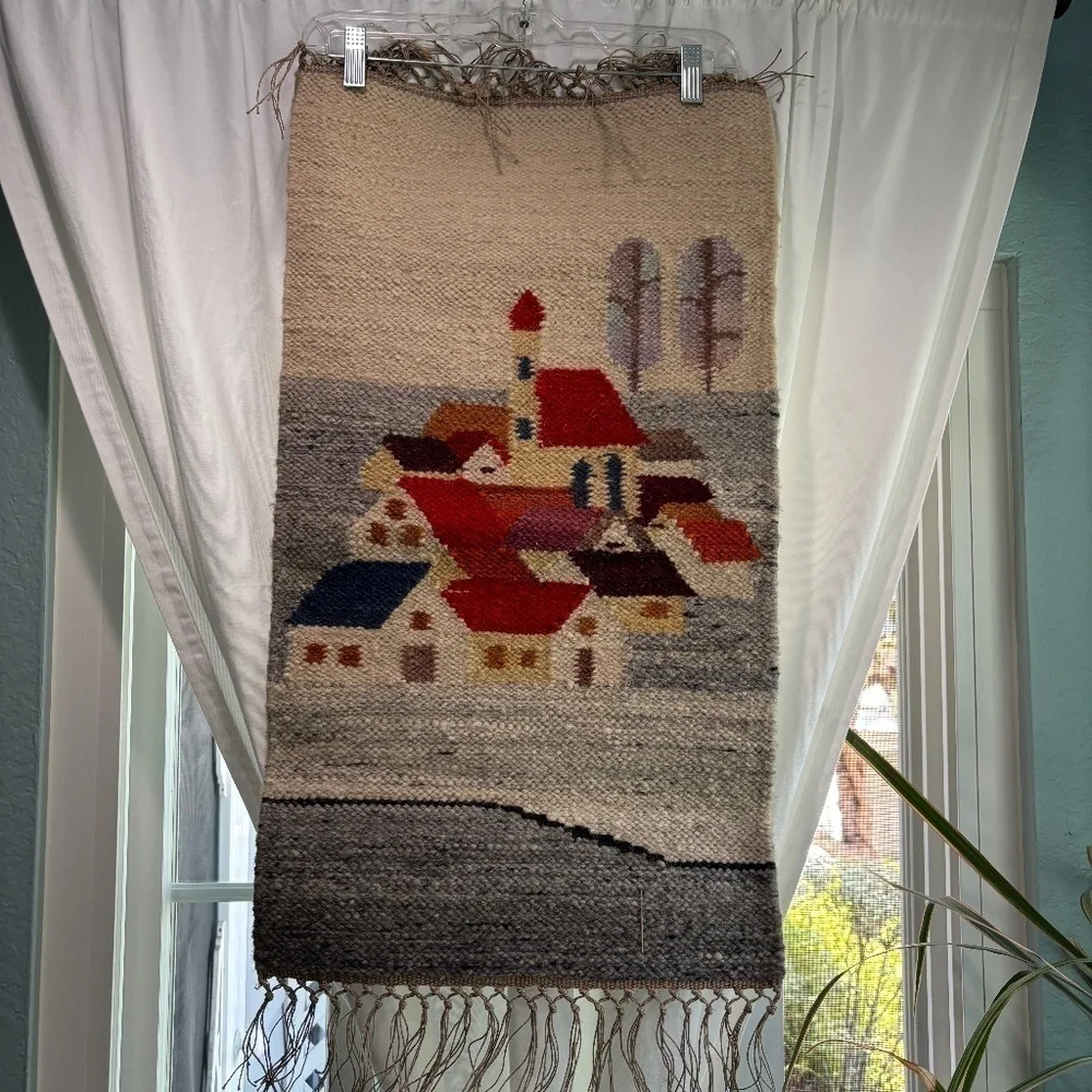 Vintage 1970s Polish Kilim Wool Scandinavian Village Cepelia Tapestry